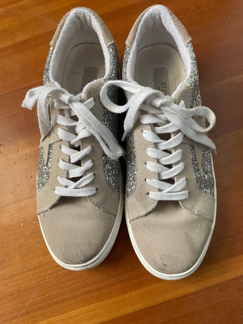 Steve Madden Beige Suede Sneakers with Silver Glitter Panels